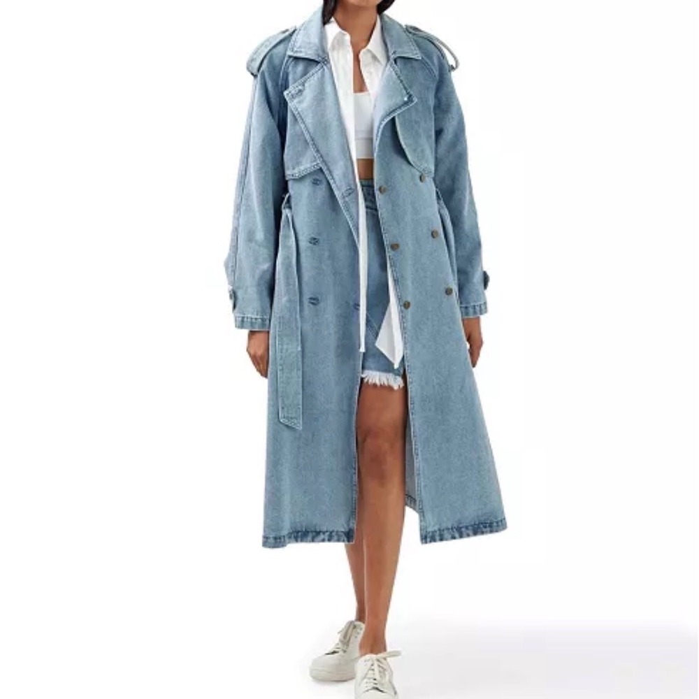 Belle‎ & Bloom Wild Skies Denim Trench Coat Womens Small Light Blue Belted